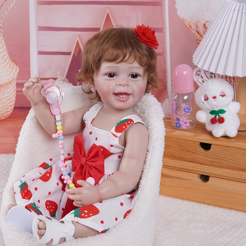 Boneca Bebe Reborn Realista Silicone 55cm Menina Olho Castanho com Acessórios Brastoy