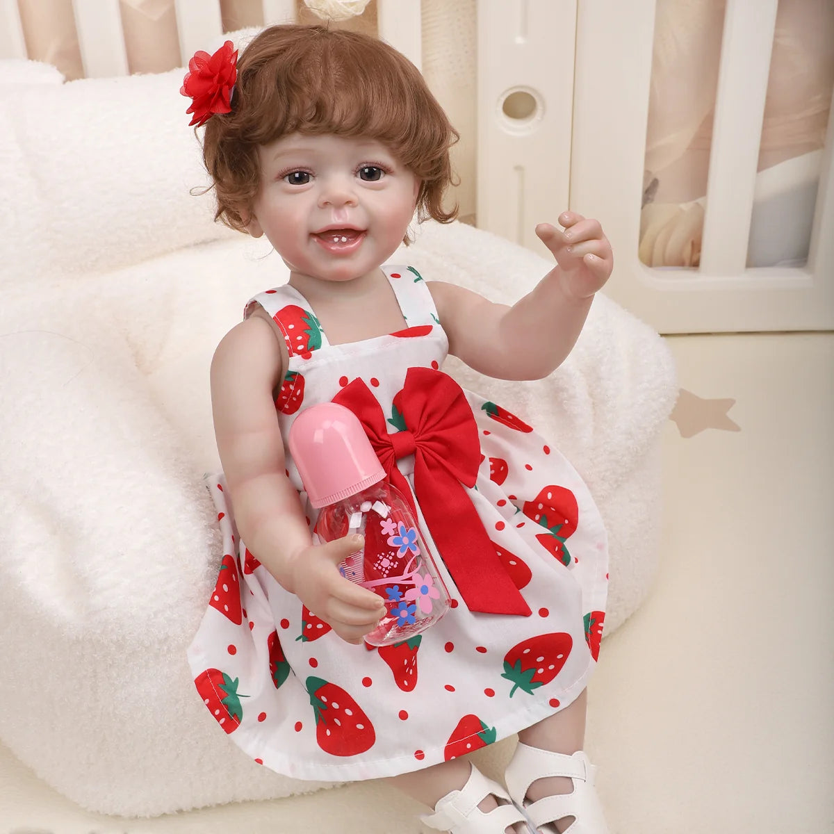 Boneca Bebe Reborn Realista Silicone 55cm Menina Olho Castanho com Acessórios Brastoy