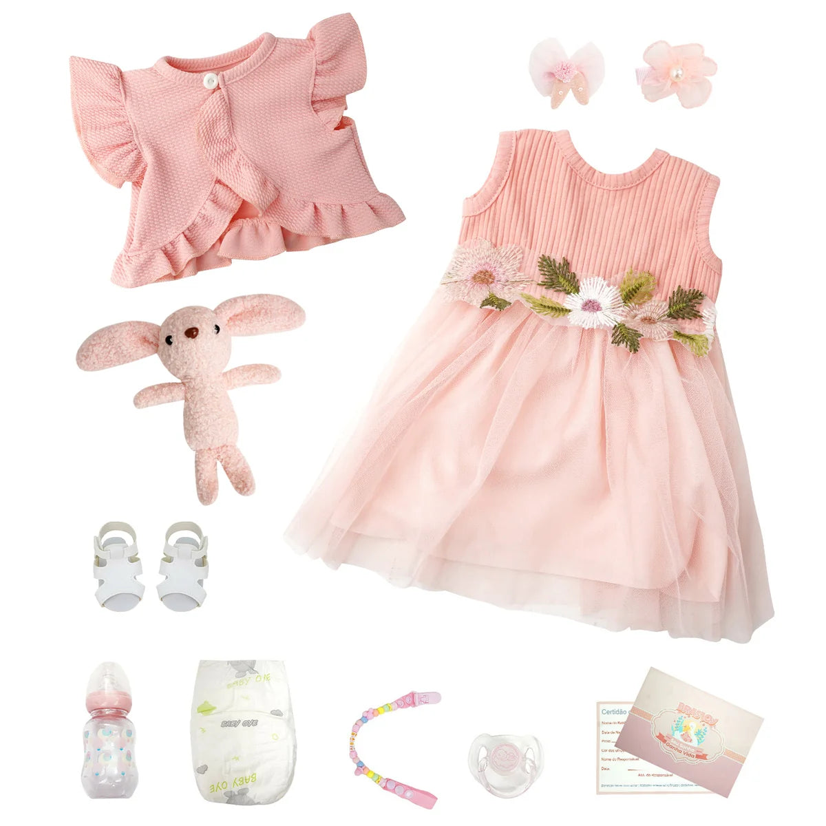 Boneca Bebê Reborn Silicone 55cm Menina Olho Castanho Vestido rosa com Acessórios Brastoy