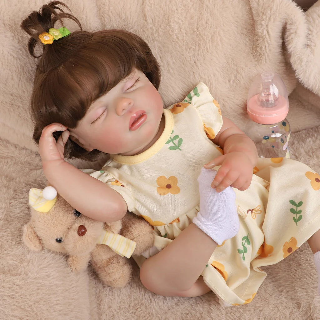 Boneca Bebê Reborn Silicone 48cm Menina Olho fechado Pode dar Banho com Acessórios Brastoy