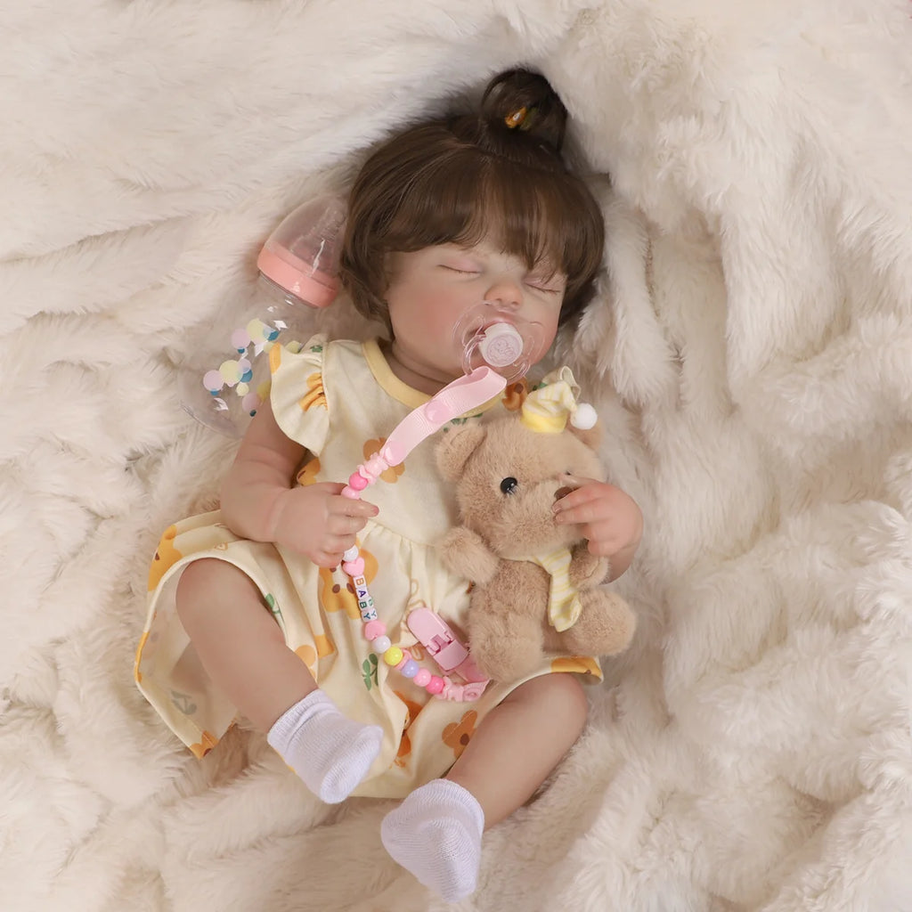 Boneca Bebê Reborn Silicone 48cm Menina Olho fechado Pode dar Banho com Acessórios Brastoy