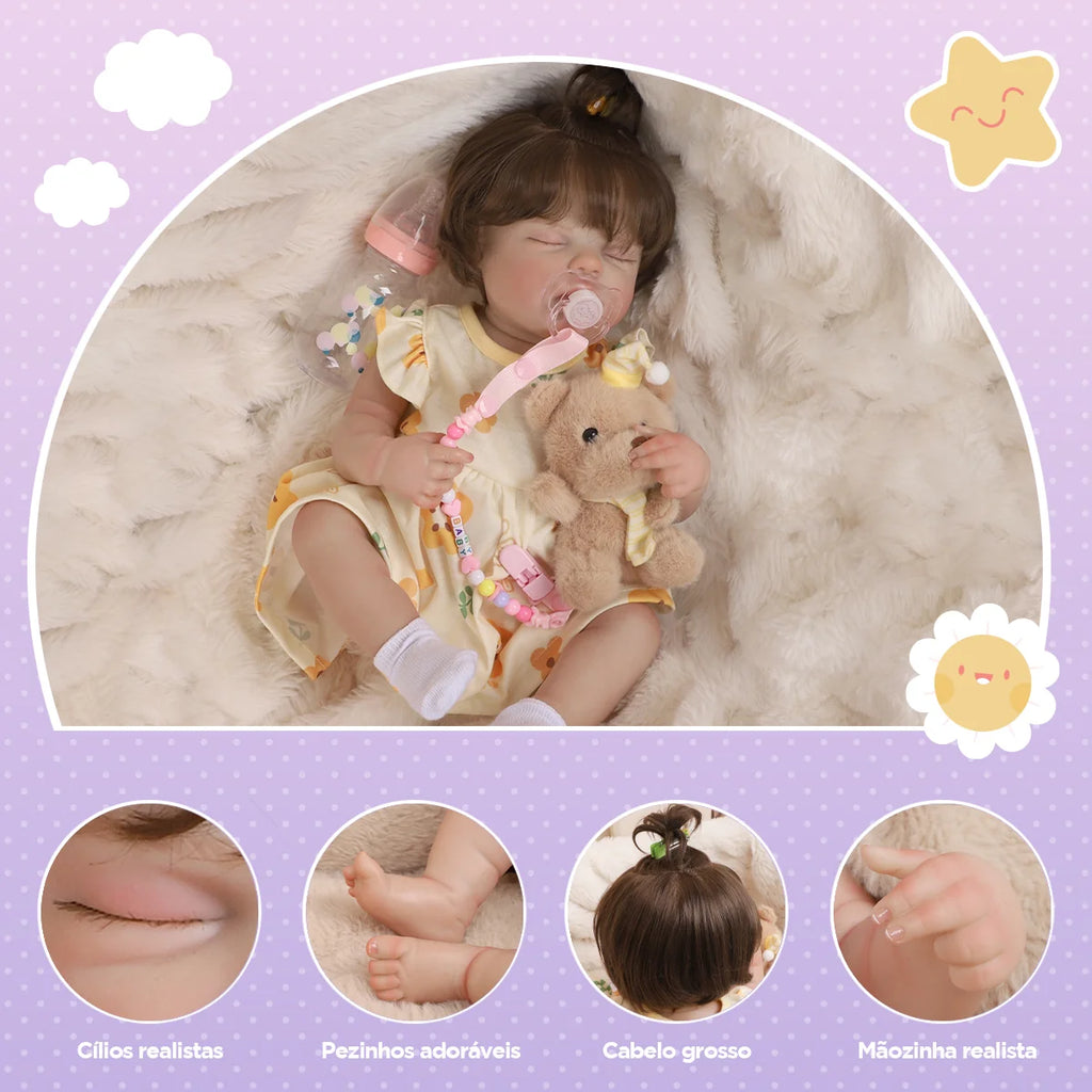 Boneca Bebê Reborn Silicone 48cm Menina Olho fechado Pode dar Banho com Acessórios Brastoy