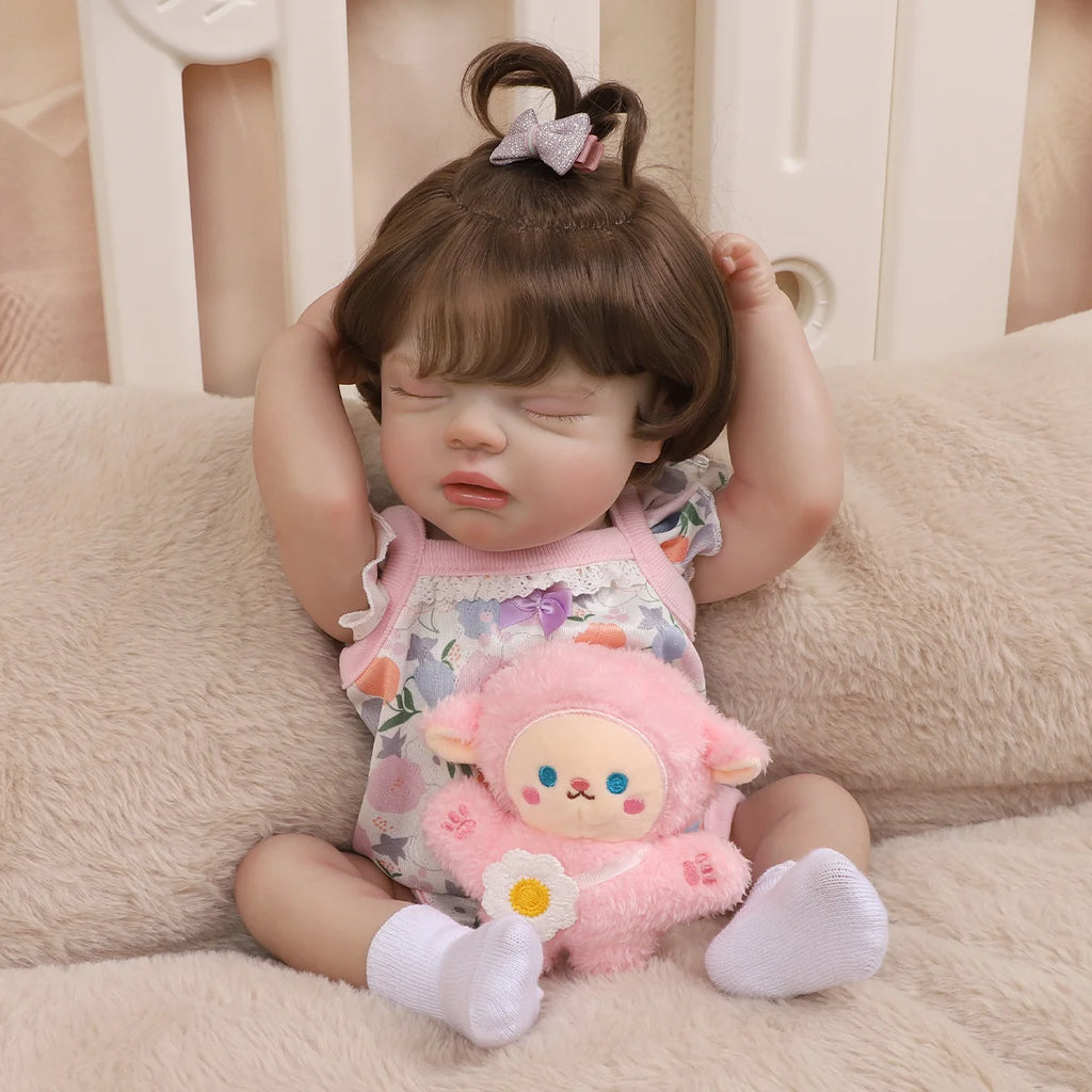 Boneca Bebê Reborn Silicone 48cm Menina Olho Fechado Rosa Pode dar Banho com Acessórios Brastoy