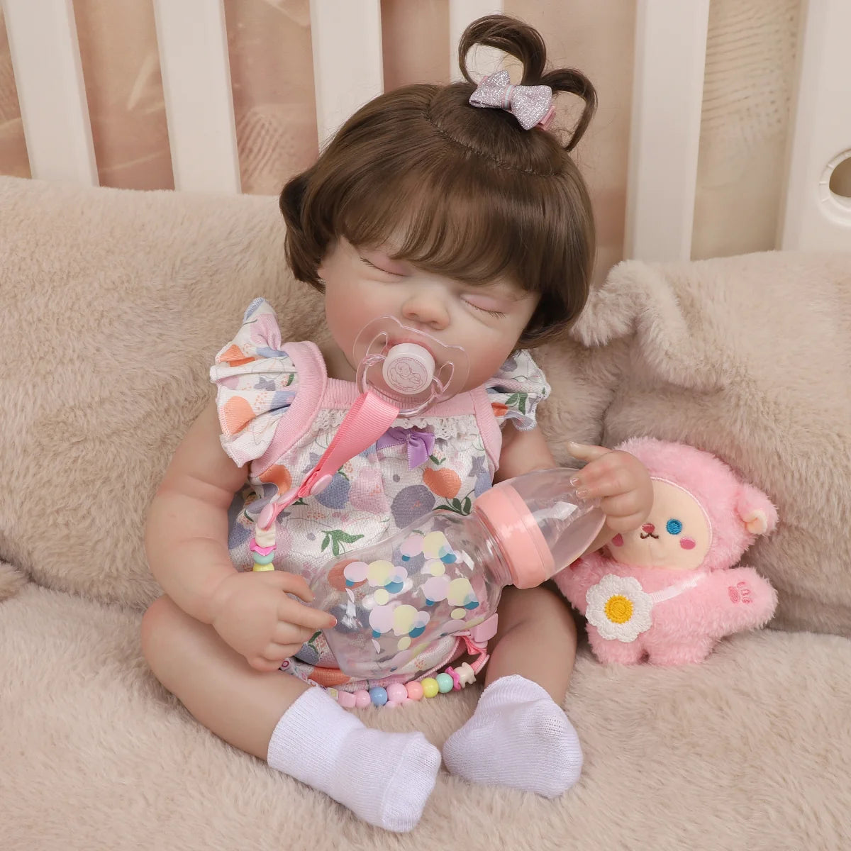 Boneca Bebê Reborn Silicone 48cm Menina Olho Fechado Rosa Pode dar Banho com Acessórios Brastoy