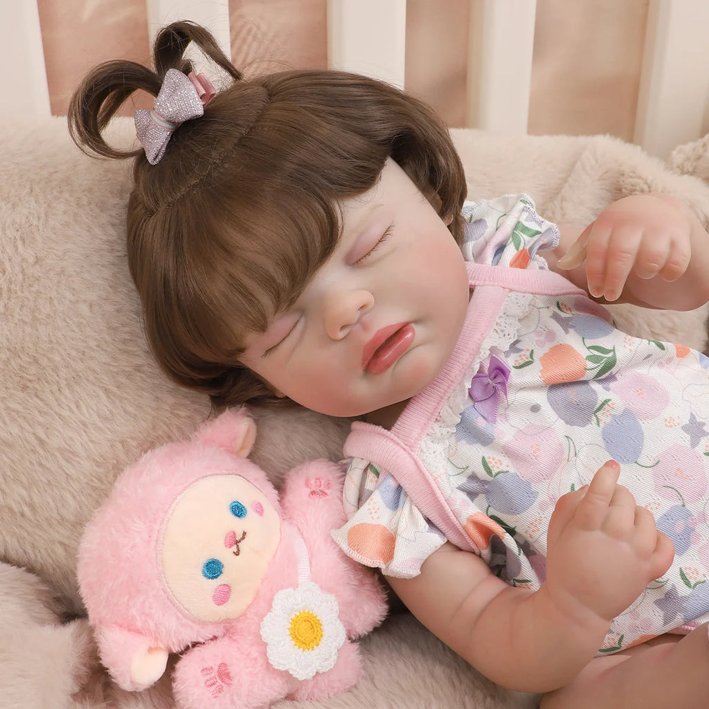 Boneca Bebê Reborn Silicone 48cm Menina Olho Fechado Rosa Pode dar Banho com Acessórios Brastoy