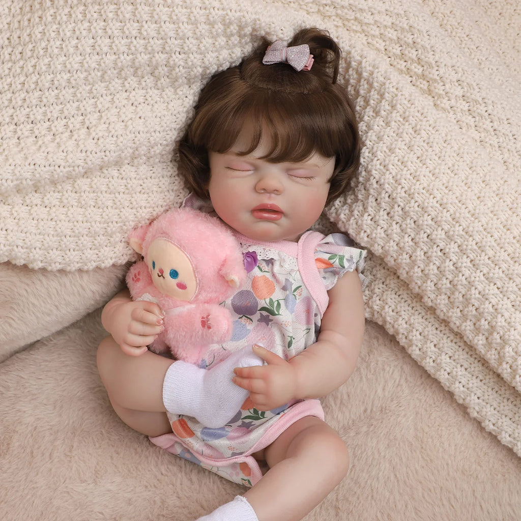 Boneca Bebê Reborn Silicone 48cm Menina Olho Fechado Rosa Pode dar Banho com Acessórios Brastoy
