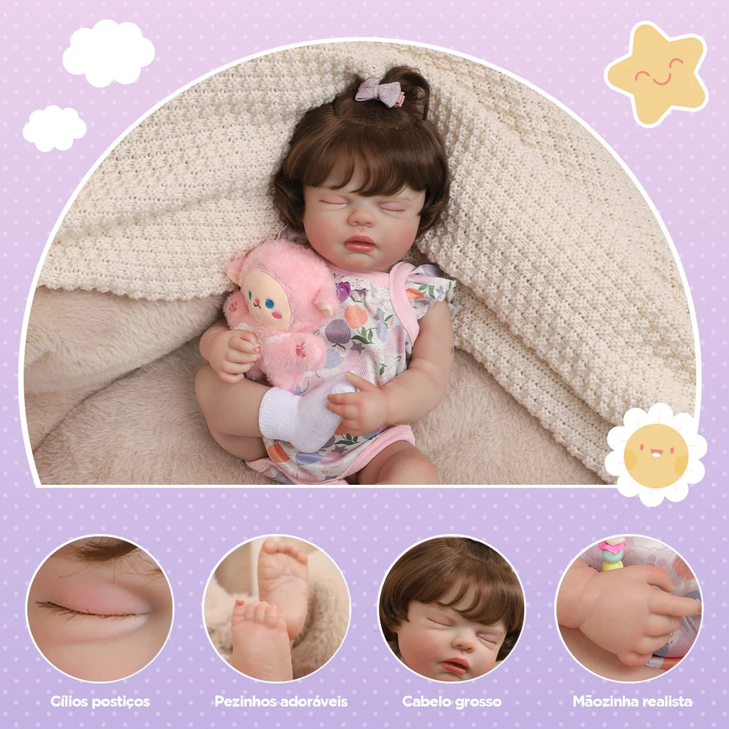 Boneca Bebê Reborn Silicone 48cm Menina Olho Fechado Rosa Pode dar Banho com Acessórios Brastoy