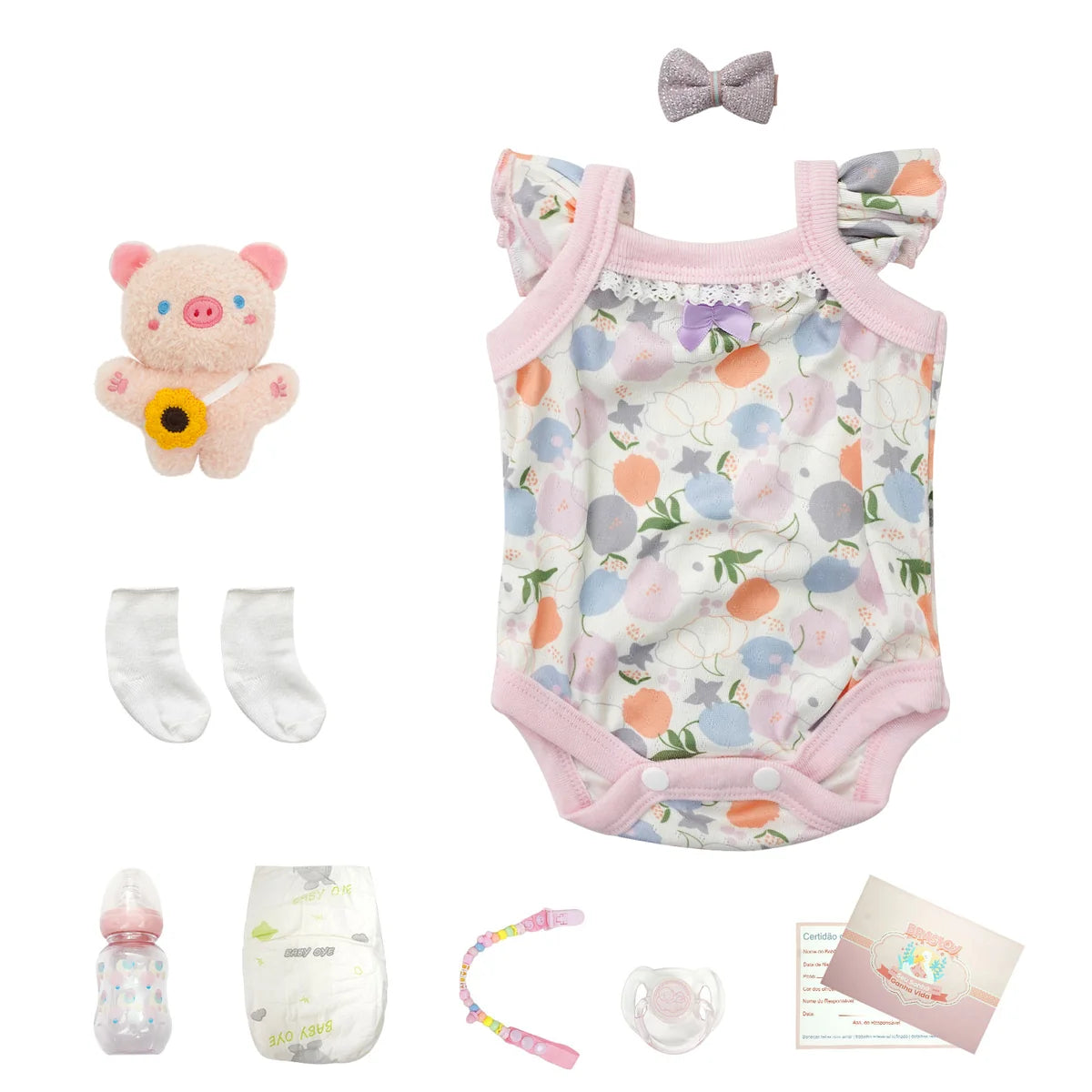 Boneca Bebê Reborn Silicone 48cm Menina Olho Fechado Rosa Pode dar Banho com Acessórios Brastoy