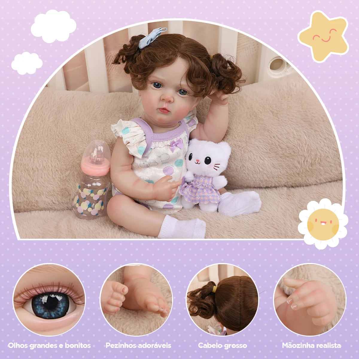 Boneca Bebê Reborn Silicone 48cm Menina Olho Azul com Acessórios Pode dar Banho Brastoy