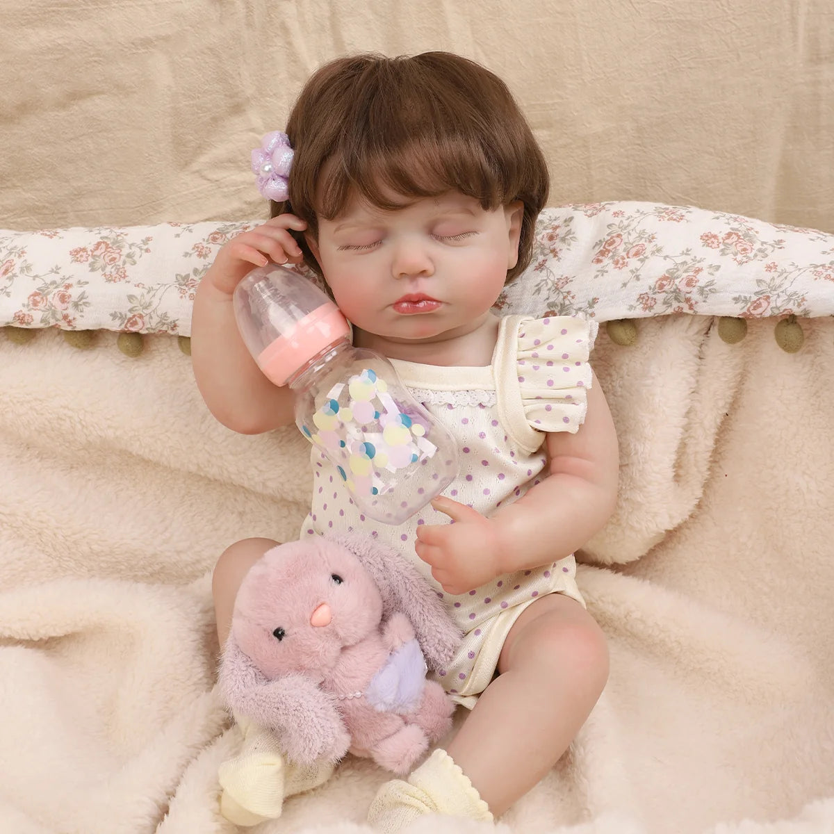 Boneca Bebê Reborn 48cm Silicone Menina Realista Olho Fechado com Acessórios Pode dar Banho Brastoy