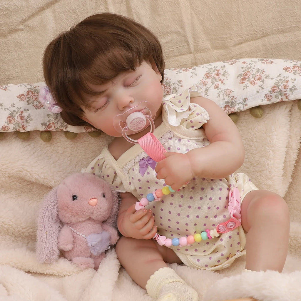 Boneca Bebê Reborn 48cm Silicone Menina Realista Olho Fechado com Acessórios Pode dar Banho Brastoy