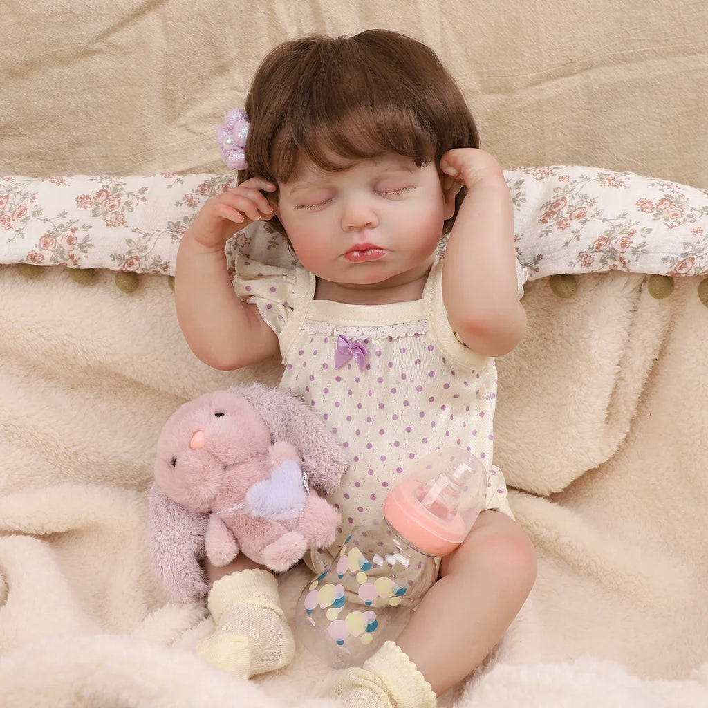 Boneca Bebê Reborn 48cm Silicone Menina Realista Olho Fechado com Acessórios Pode dar Banho Brastoy