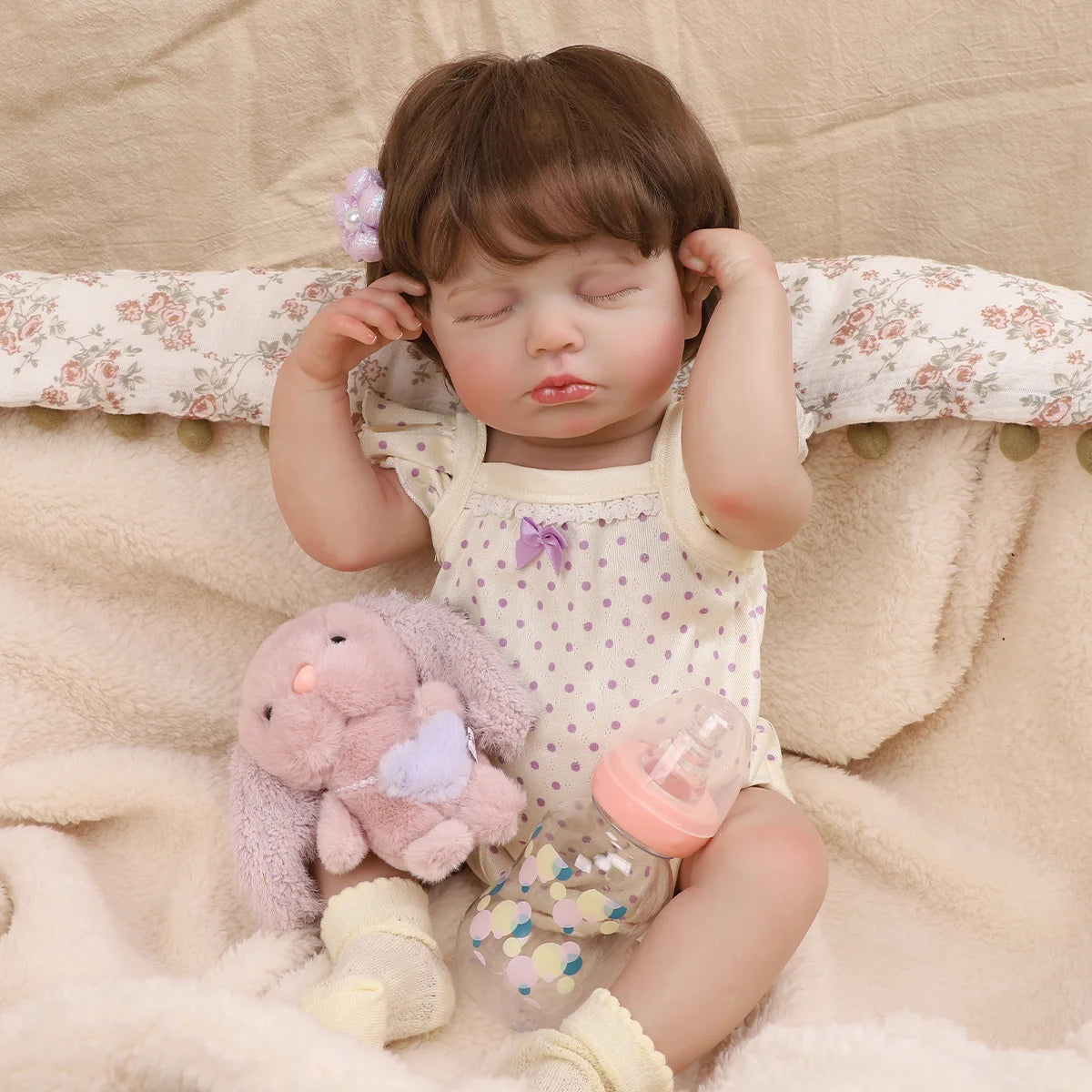 Boneca Bebê Reborn 48cm Silicone Menina Realista Olho Fechado com Acessórios Pode dar Banho Brastoy