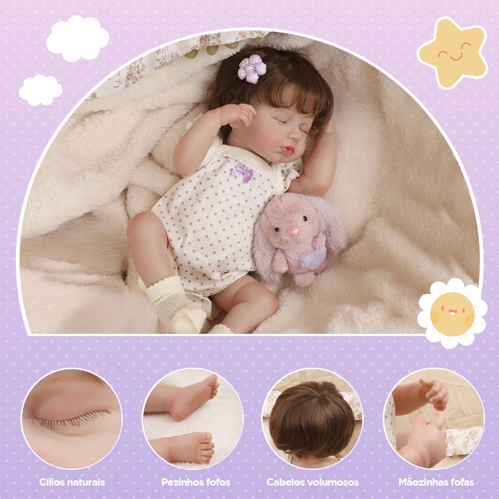 Boneca Bebê Reborn 48cm Silicone Menina Realista Olho Fechado com Acessórios Pode dar Banho Brastoy
