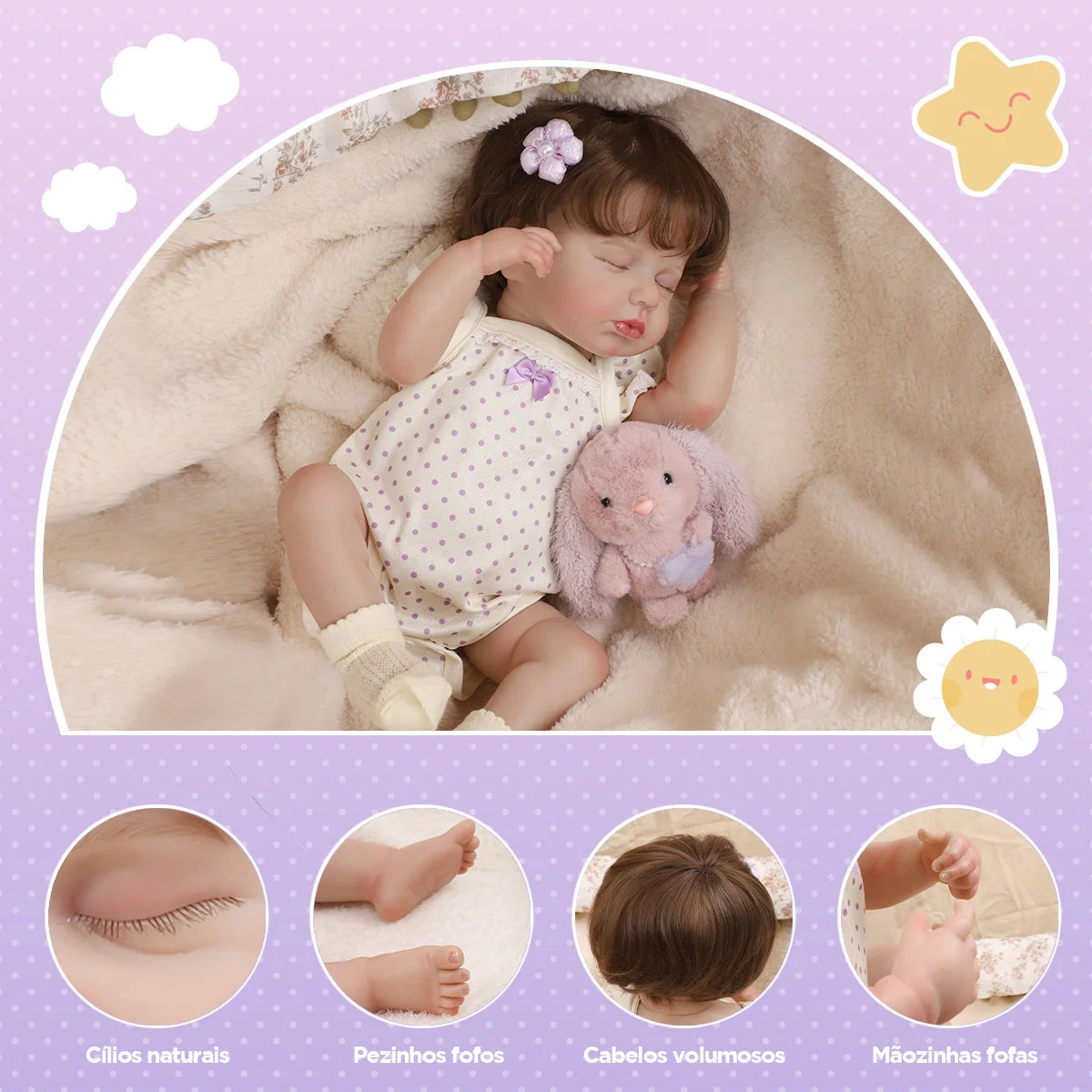 Boneca Bebê Reborn 48cm Silicone Menina Realista Olho Fechado com Acessórios Pode dar Banho Brastoy