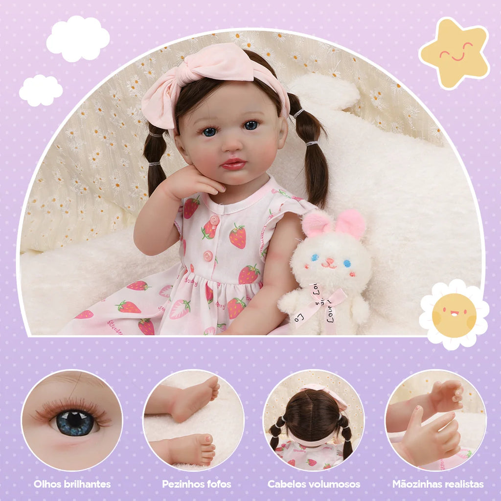 Boneca Bebê Reborn Menina 55cm Silicone Olho Azul com Acessórios Brastoy
