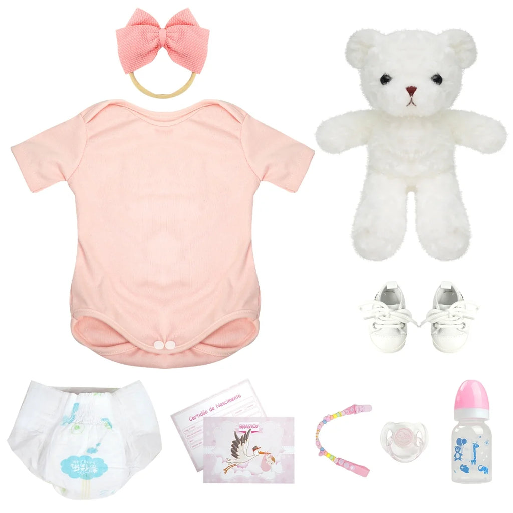 Boneca Bebê Reborn Realista Brastoy Silicone Kit Conjunto de Roupa Chupeta Mamadeira e Pelúcia Menina
