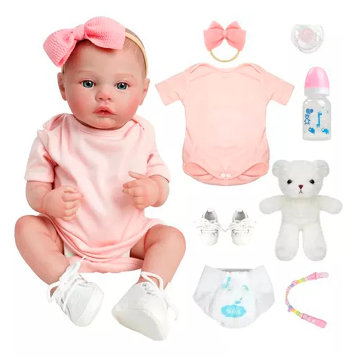 Boneca Bebê Reborn Realista Brastoy Silicone Kit Conjunto de Roupa Chupeta Mamadeira e Pelúcia Menina