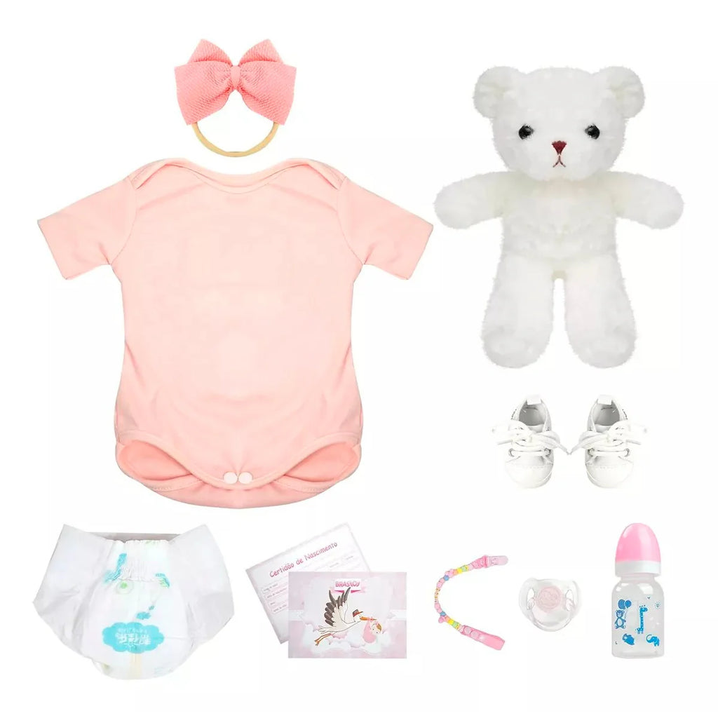 Boneca Bebê Reborn Realista Brastoy Silicone Kit Conjunto de Roupa Chupeta Mamadeira e Pelúcia Menina