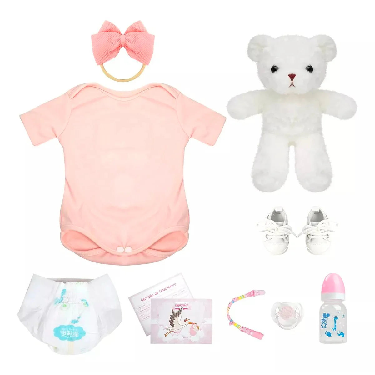 Boneca Bebê Reborn Realista Brastoy Silicone Kit Conjunto de Roupa Chupeta Mamadeira e Pelúcia Menina