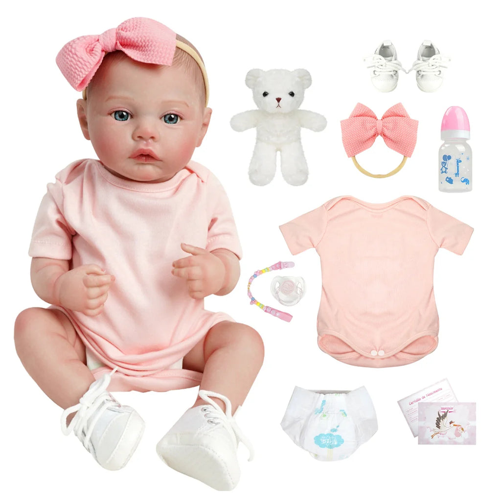Boneca Bebê Reborn Realista Brastoy Silicone Kit Conjunto de Roupa Chupeta Mamadeira e Pelúcia Menina