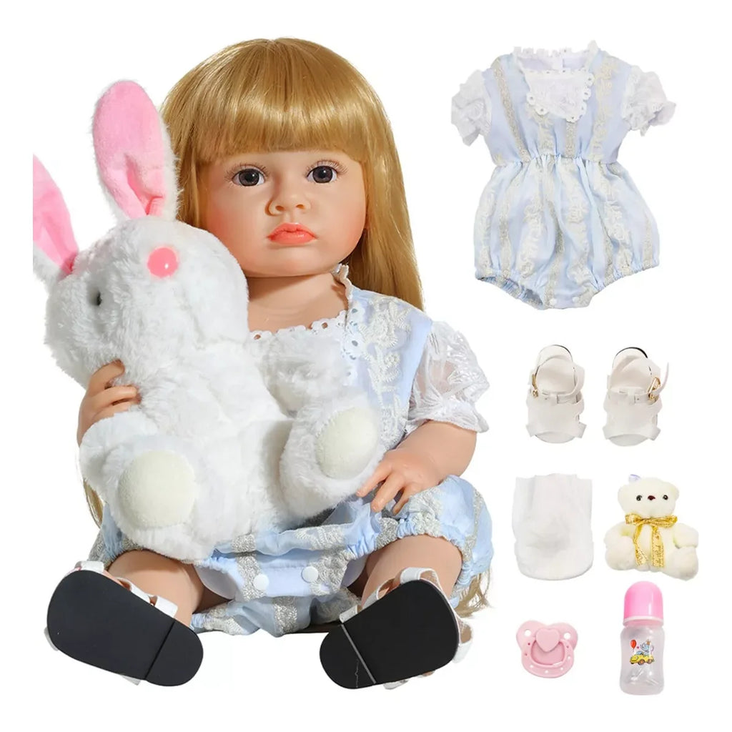 Boneca Bebê Reborn Realista Ursinho Silicone Conjunto de Roupa Chupeta Mamadeira e Pelúcia Original Completo