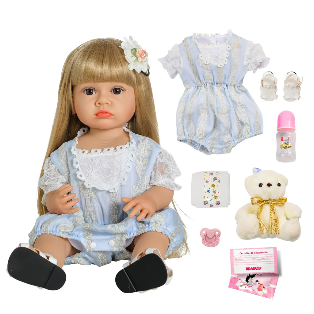 Boneca Bebê Reborn Realista Ursinho Silicone Conjunto de Roupa Chupeta Mamadeira e Pelúcia Original Completo
