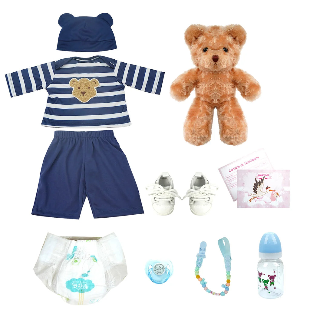 Boneco Bebê Reborn Menino Realista Silicone Conjunto de Roupa Chupeta Mamadeira e Pelúcia Original Completo