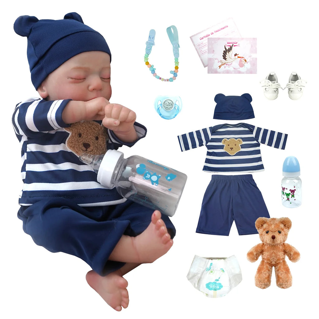 Boneco Bebê Reborn Menino Realista Silicone Conjunto de Roupa Chupeta Mamadeira e Pelúcia Original Completo