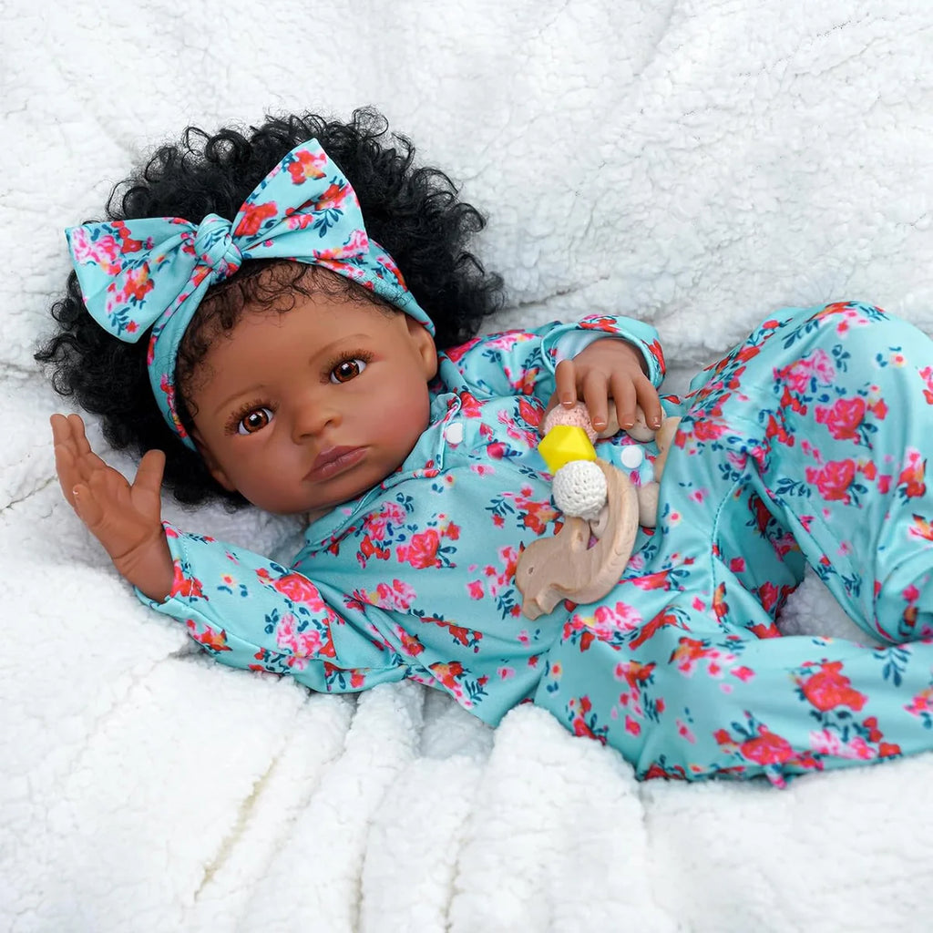 Boneca Bebê Reborn Realista Negra 55cm Silicone Conjunto de Roupa Chupeta Mamadeira e Pelúcia Original Completo