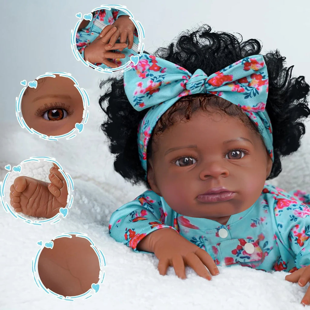Boneca Bebê Reborn Realista Negra 55cm Silicone Conjunto de Roupa Chupeta Mamadeira e Pelúcia Original Completo