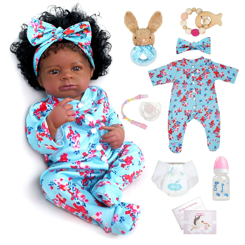 Boneca Bebê Reborn Realista Negra 55cm Silicone Conjunto de Roupa Chupeta Mamadeira e Pelúcia Original Completo