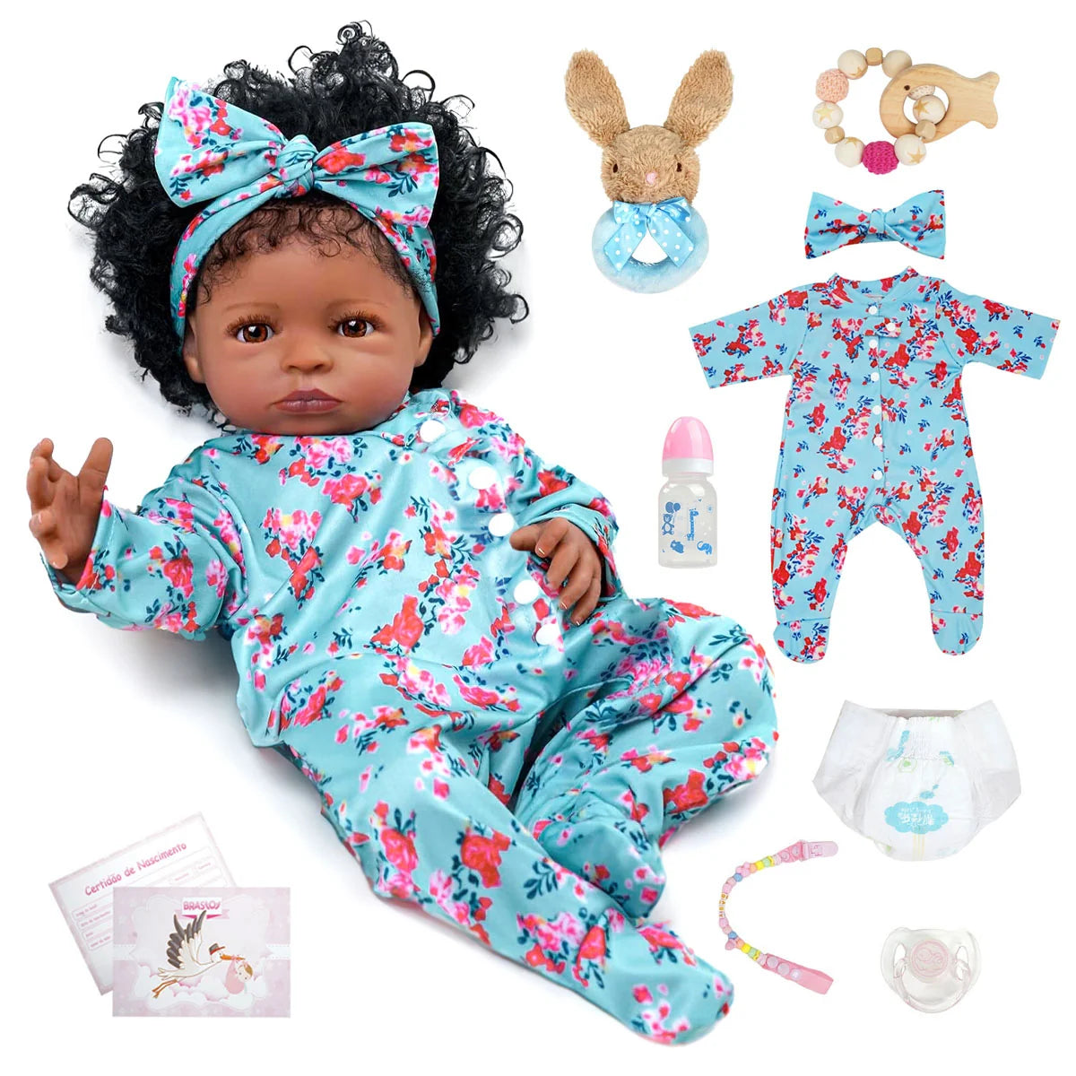 Boneca Bebê Reborn Realista Negra 55cm Silicone Conjunto de Roupa Chupeta Mamadeira e Pelúcia Original Completo