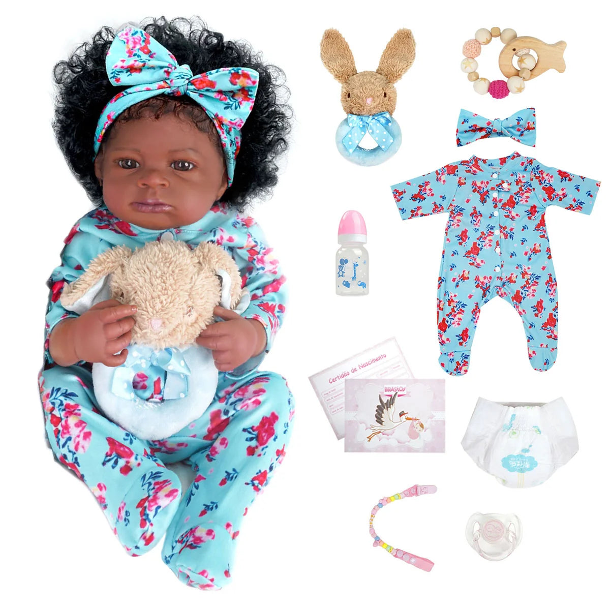 Boneca Bebê Reborn Realista Negra 55cm Silicone Conjunto de Roupa Chupeta Mamadeira e Pelúcia Original Completo