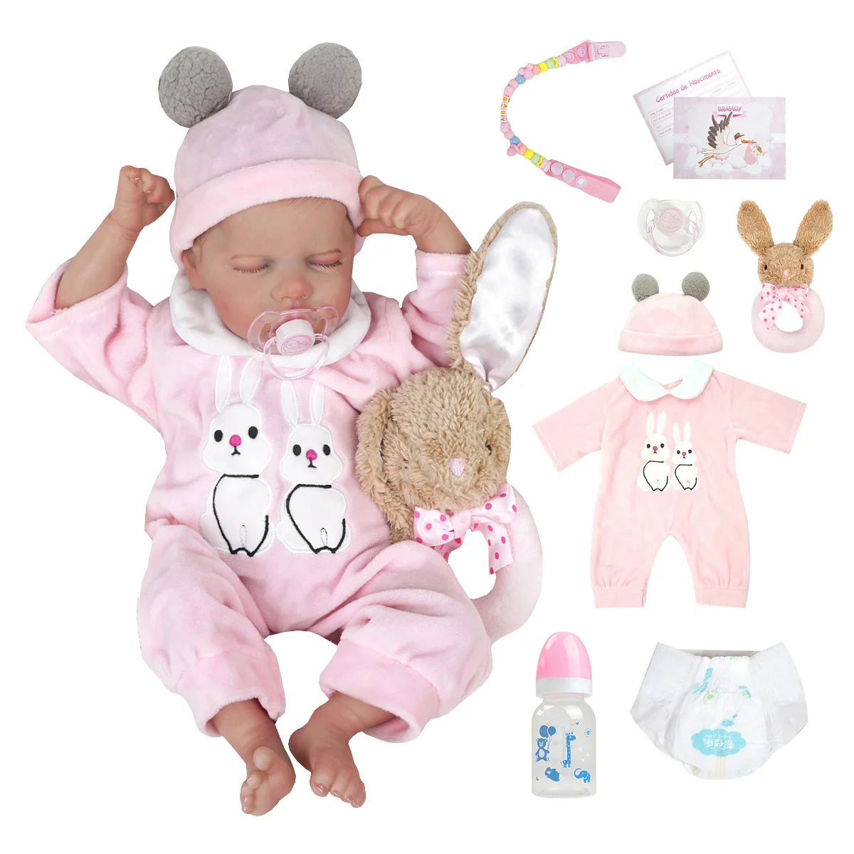 Boneca Bebê Reborn Realista Silicone Conjunto de Roupa Chupeta Mamadeira e Pelúcia Original Completo