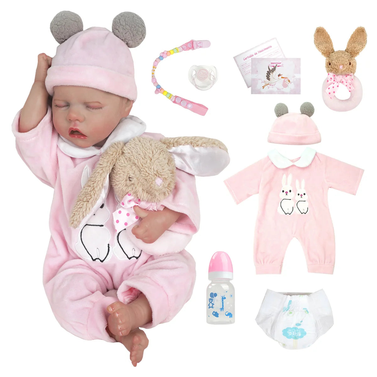 Boneca Bebê Reborn Realista Silicone Conjunto de Roupa Chupeta Mamadeira e Pelúcia Original Completo