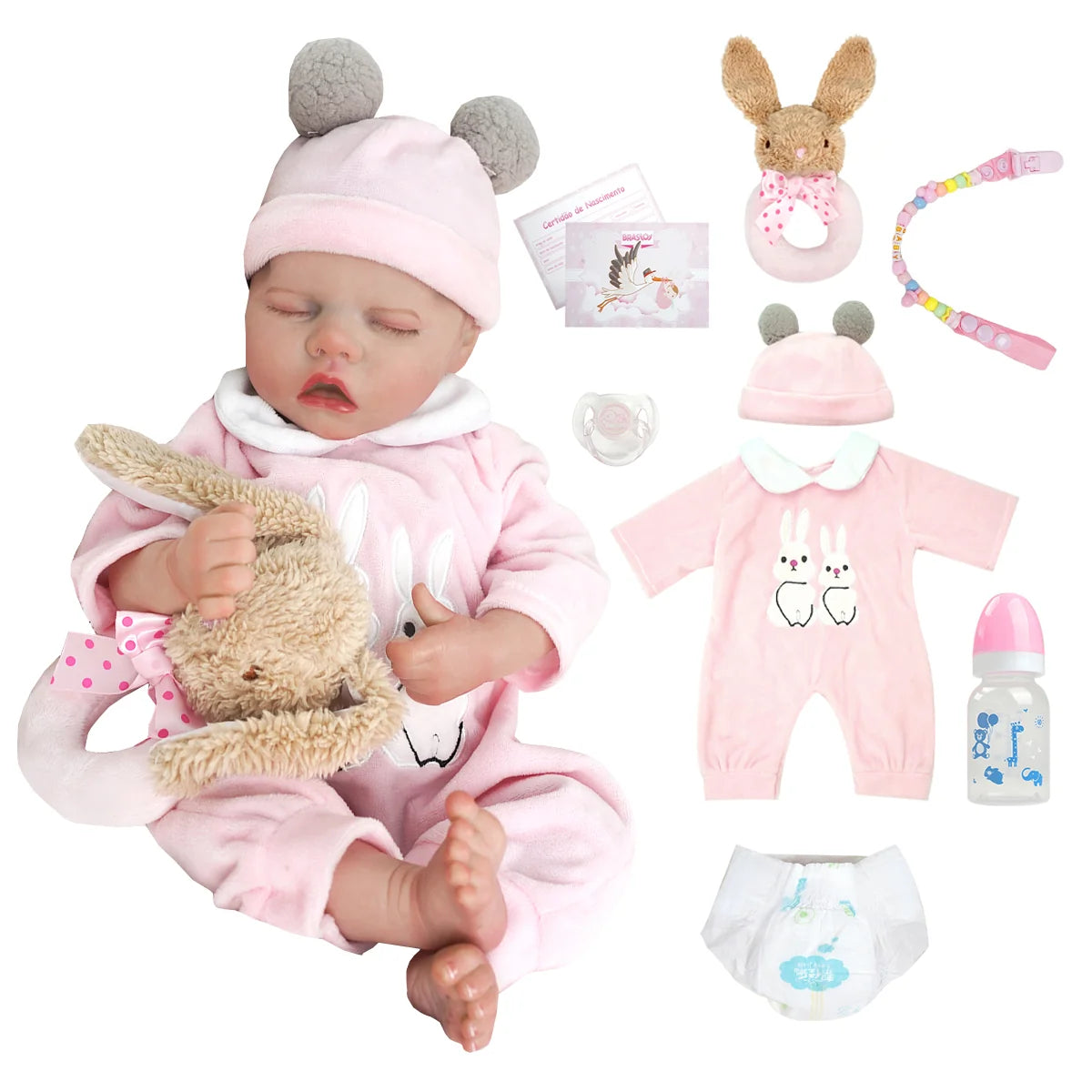 Boneca Bebê Reborn Realista Silicone Conjunto de Roupa Chupeta Mamadeira e Pelúcia Original Completo