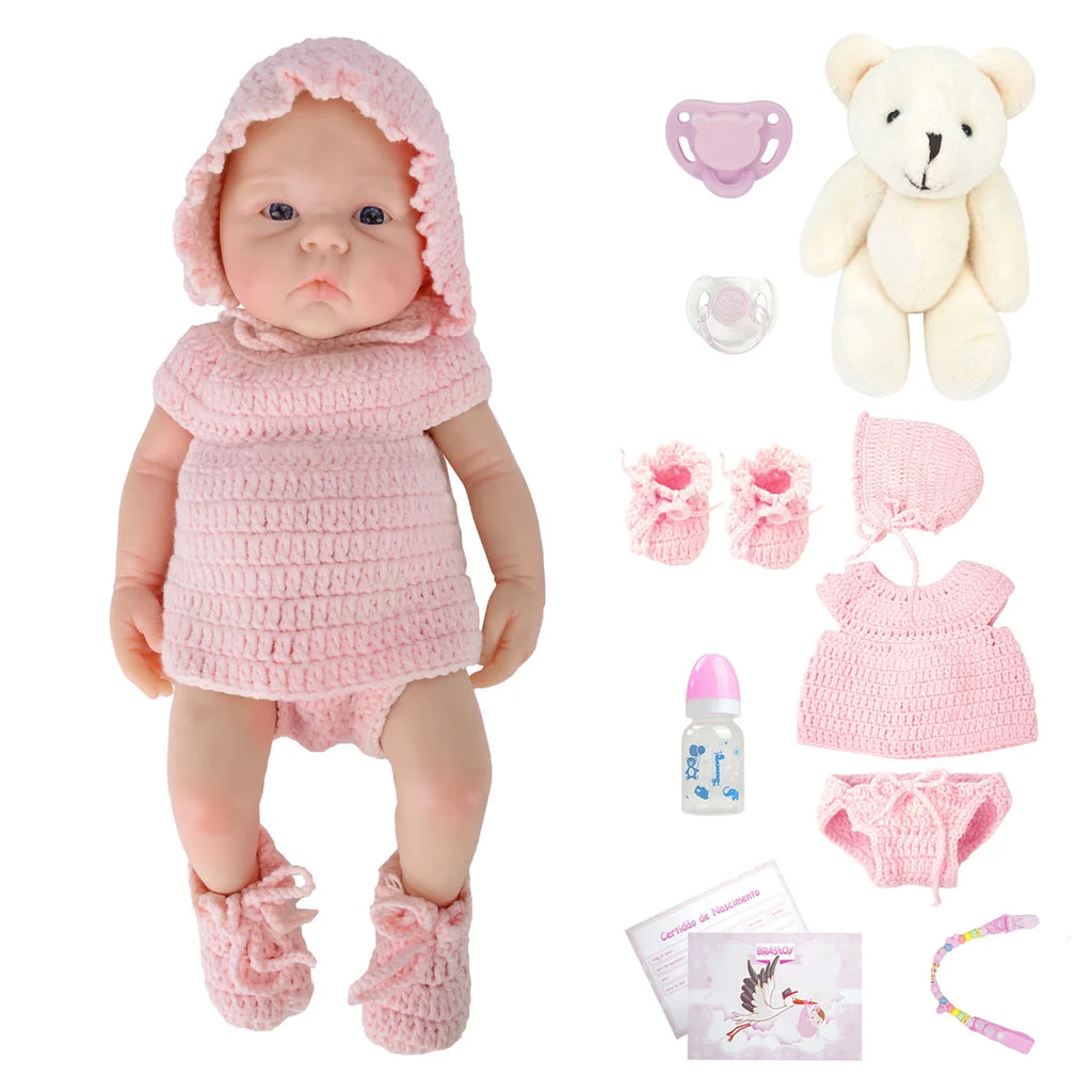 Bebê Reborn Boneca Silicone Sólido 35cm Original Pode Tomar Banho Com Kit Conjunto de Roupa Chupeta Mamadeira e Pelúcia