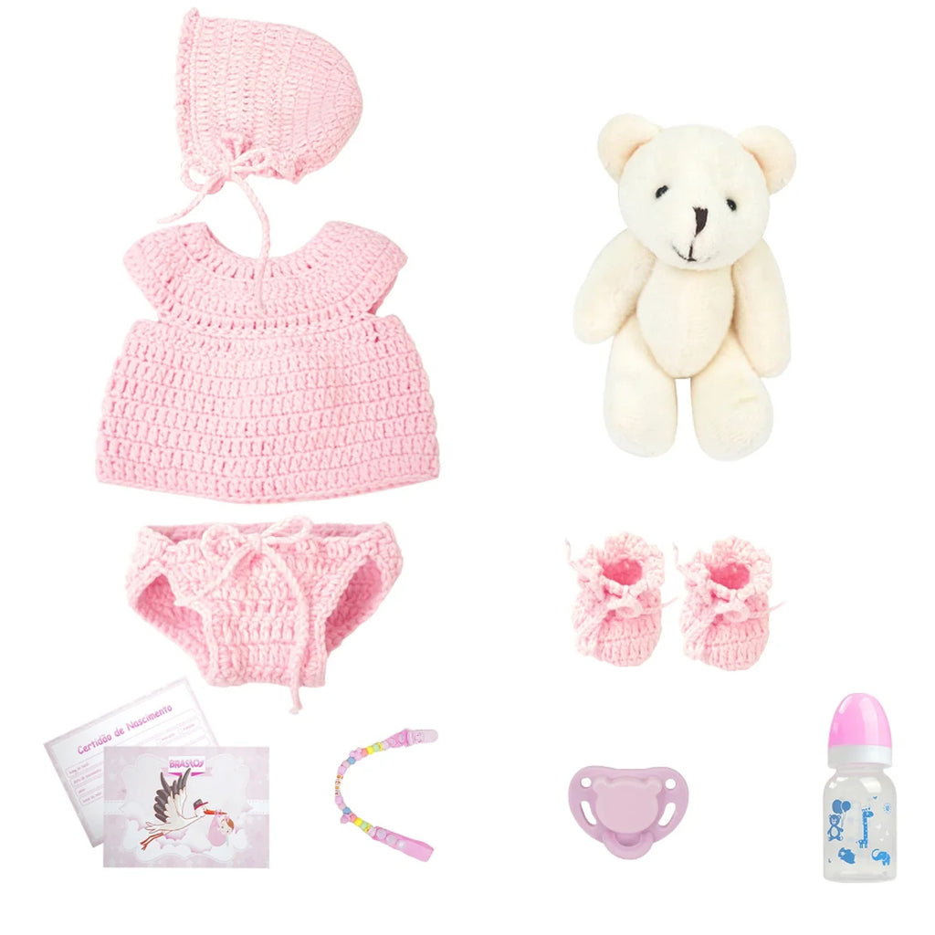 Bebê Reborn Boneca Silicone Sólido 35cm Original Pode Tomar Banho Com Kit Conjunto de Roupa Chupeta Mamadeira e Pelúcia