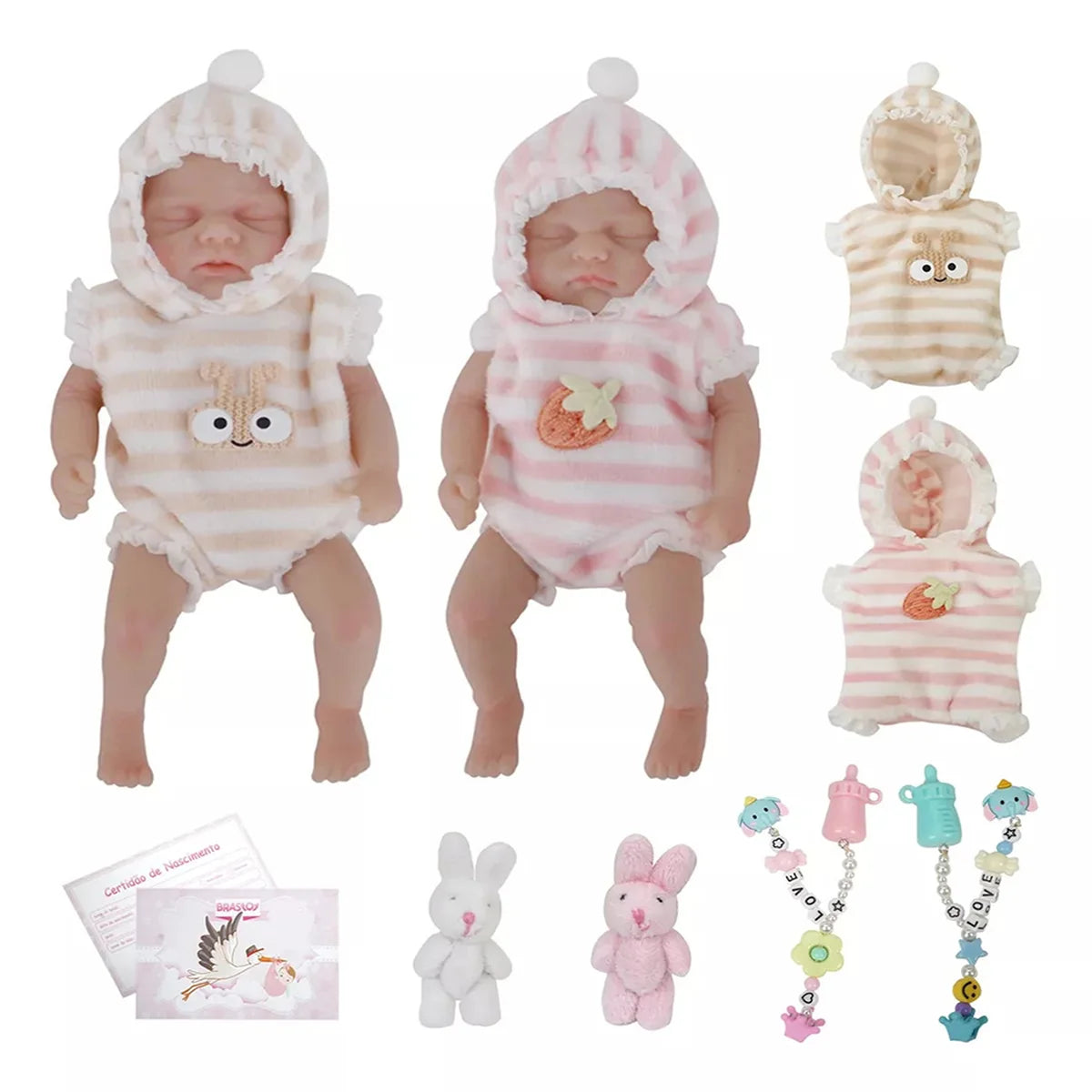 Bebê Reborn Boneca Brastoy Silicone Sólido Gêmeos Menina e Menino 15cm Com Conjunto de Roupa Mamadeira Certidão e Pelúcia