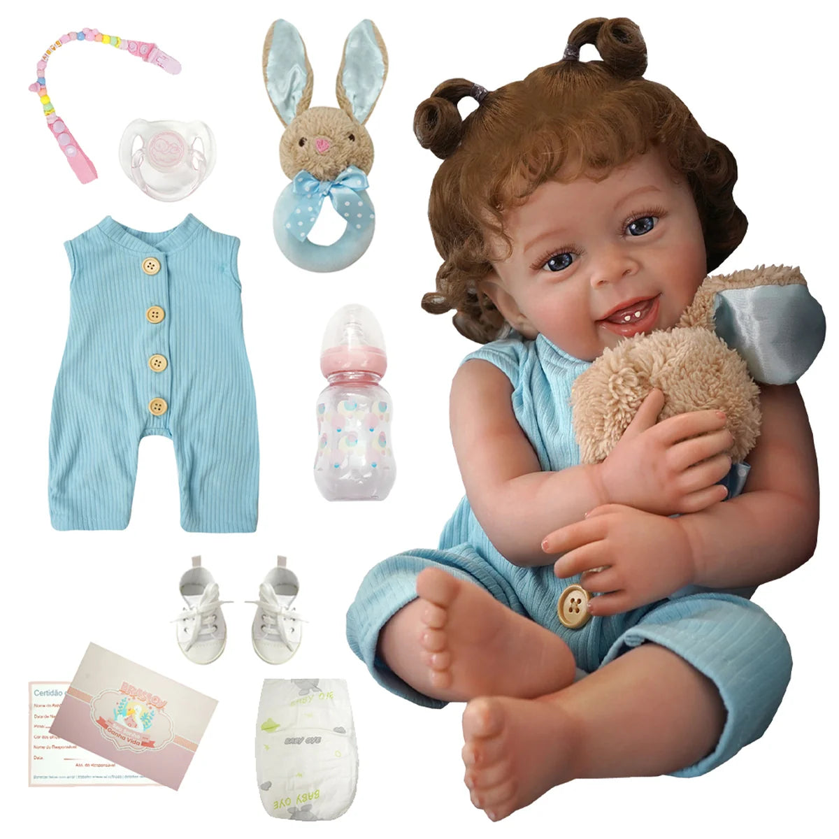 Boneca Bebê Reborn Realista Silicone Conjunto de Roupa Chupeta Mamadeira e Pelúcia