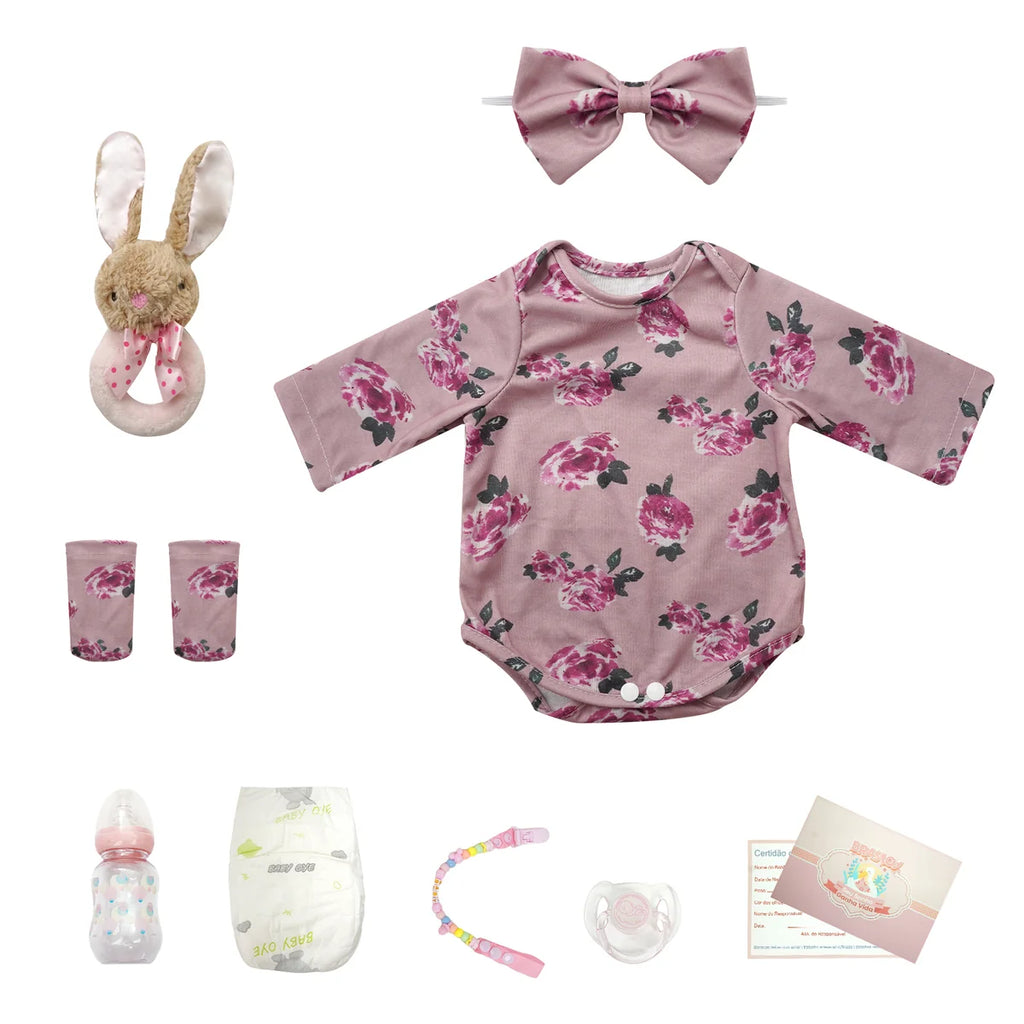 Boneca Bebê Reborn Realista Silicone Kit Conjunto de Roupa Chupeta Mamadeira e Pelúcia