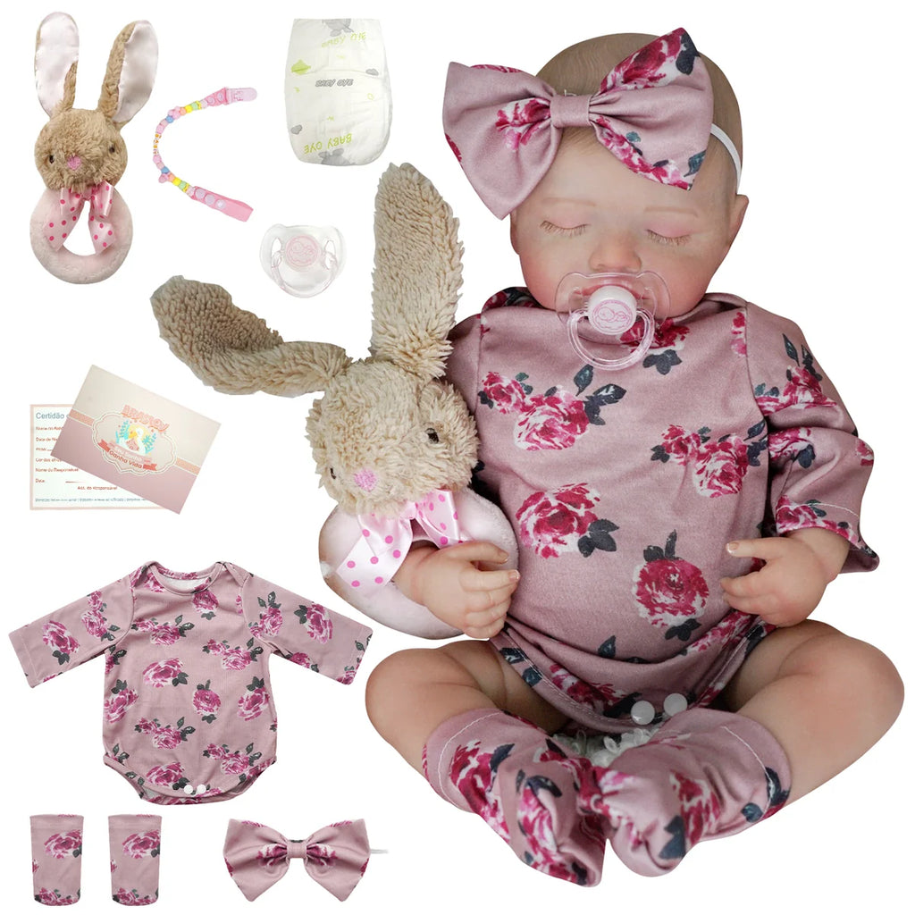 Boneca Bebê Reborn Realista Silicone Kit Conjunto de Roupa Chupeta Mamadeira e Pelúcia