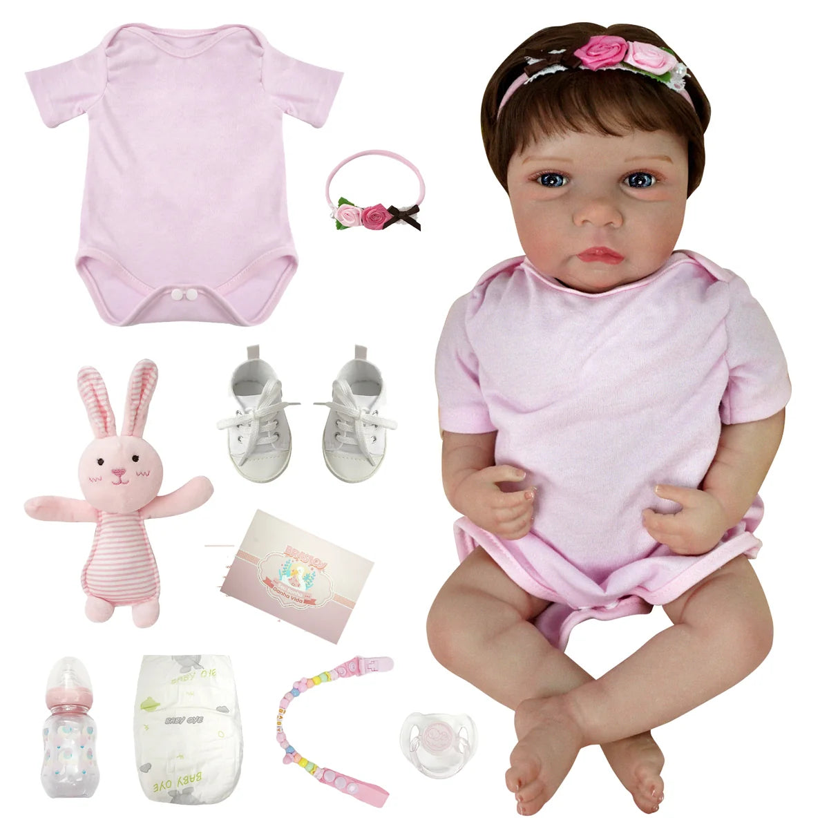 Boneca Bebê Reborn Silicone 48cm Conjunto de Roupa Mamadeira Chupeta Brastoy