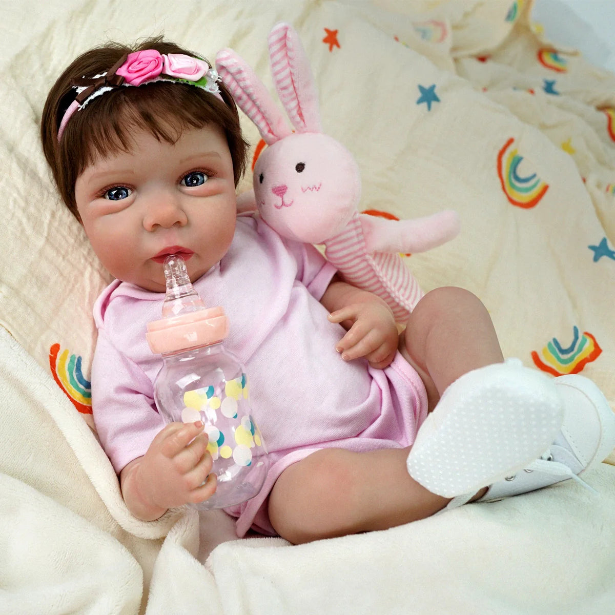 Boneca Bebê Reborn Silicone 48cm Conjunto de Roupa Mamadeira Chupeta Brastoy