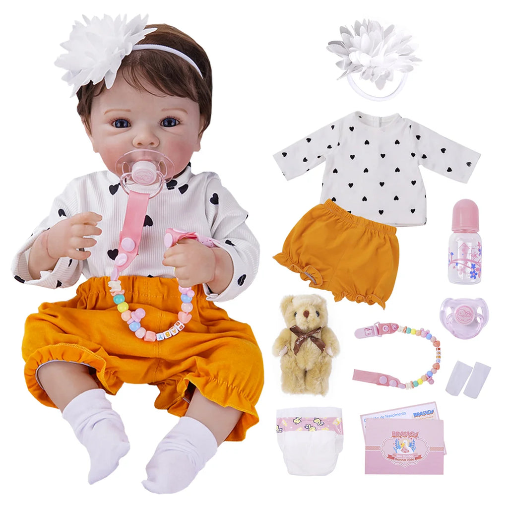 Boneca Bebê Reborn Realista Brastoy Original 48cm Silicone Kit Conjunto de Roupa Chupeta Mamadeira e Pelúcia