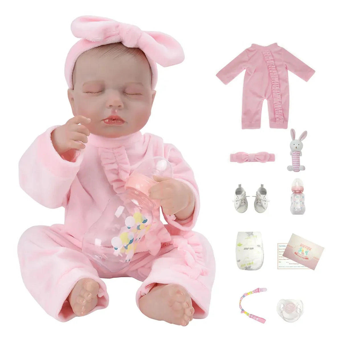 Boneca Bebê Reborn Silicone Realista 48cm Original Kit Acessórios Conjunto Roupa Mamadeira Chupeta Pelúcia Fralda