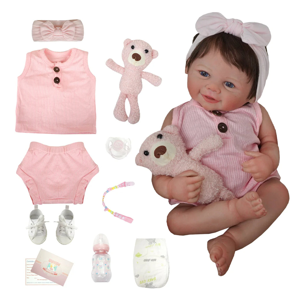 Boneca Bebê Reborn Realista Silicone Conjunto de Roupa Chupeta Mamadeira e Pelúcia