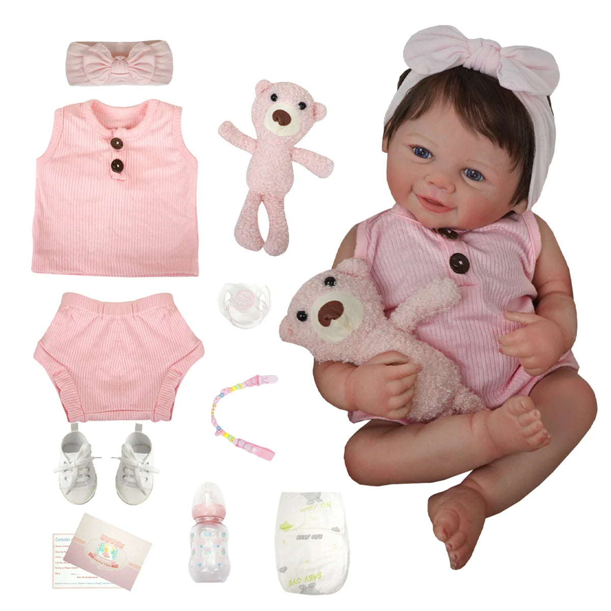 Boneca Bebê Reborn Realista Silicone Conjunto de Roupa Chupeta Mamadeira e Pelúcia