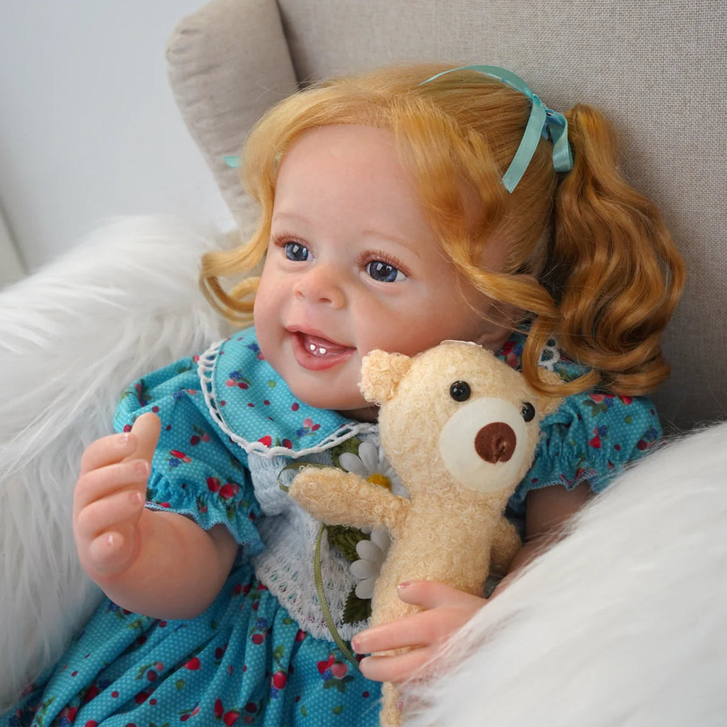 Boneca Bebê Reborn Silicone Realista Loira 55cm Sorriso Original Kit Acessórios Conjunto de Roupa Mamadeira Chupeta Pelúcia Fralda